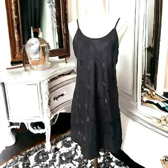 Vintage black satin floral detail slip dress M - Picture 1 of 7